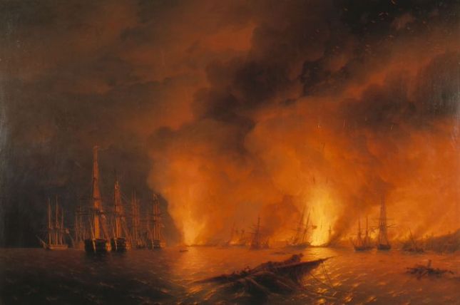 Iwan Konstantinowitsch Aiwasowski Sinope. Die Nacht nach der Schlacht am 18. November 1853, 1853 Öl auf Leinwand, 220 x 331 cm Zentrales Kriegsmarinemuseum, Sankt Petersburg © Aiwasowski Galerie, Feodossia Iwan Konstantinowitsch Aiwasowski Sinope. Die Nacht nach der Schlacht am 18. November 1853, 1853 Öl auf Leinwand, 220 x 331 cm Zentrales Kriegsmarinemuseum, Sankt Petersburg © Aiwasowski Galerie, Feodossia