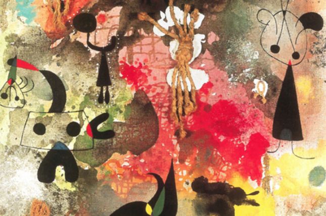 Joan Miró, Malerei - Komposition mit Seil, 1950, Öl, Seil und Kasein auf Leinwand, 99 x 76 cm, Stedelijk Van Abbemuseum, Eindhoven © Successió Miró / VBK Wien 2001 Joan Miró, Malerei - Komposition mit Seil, 1950, Öl, Seil und Kasein auf Leinwand, 99 x 76 cm, Stedelijk Van Abbemuseum, Eindhoven © Successió Miró / VBK Wien 2001