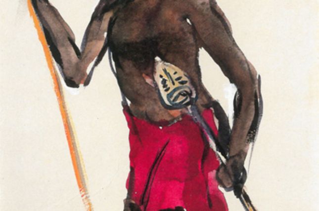 Emil Nolde, Eingeborener mit Waffen, 1913/14, Aquarell, schwarze Tusche und Deckweiß, 48,4 x 30,6 cm © Sammlung der Nolde-Stiftung Seebüll