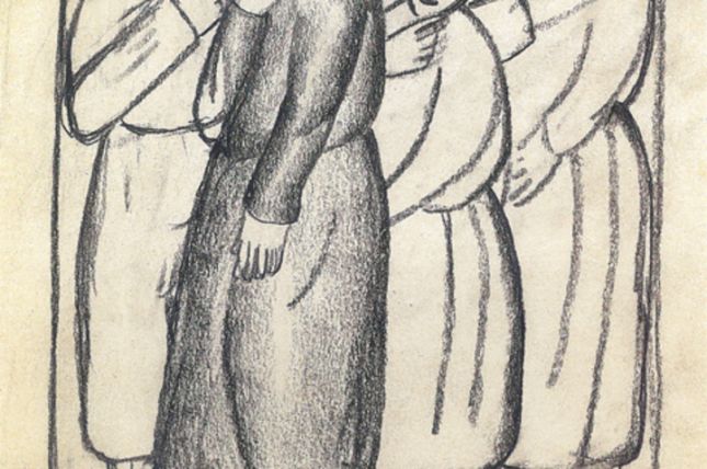 Kasimir Malewitsch, Bäuerinnen in der Kirche, 1910/11, Grafit auf Papier, 21,9 x 18,4 cm © Staatliches Museum Russland, St. Petersburg Kasimir Malewitsch, Bäuerinnen in der Kirche, 1910/11, Grafit auf Papier, 21,9 x 18,4 cm © Staatliches Museum Russland, St. Petersburg