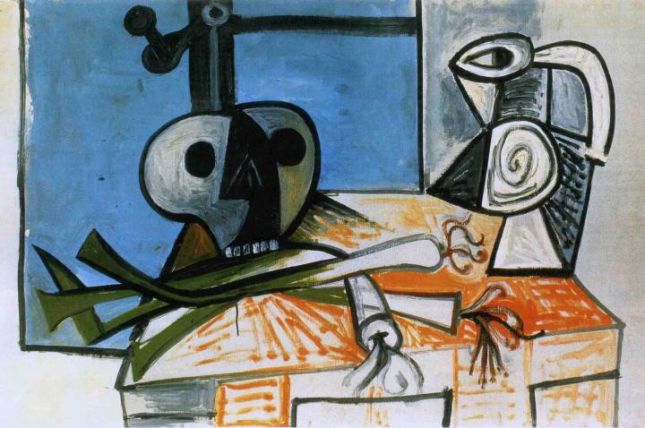 Pablo Picasso, Stillleben mit Totenkopf, Porree und Kanne vor einem Fenster, 1945 © Privatbesitz Pablo Picasso, Stillleben mit Totenkopf, Porree und Kanne vor einem Fenster, 1945 © Privatbesitz