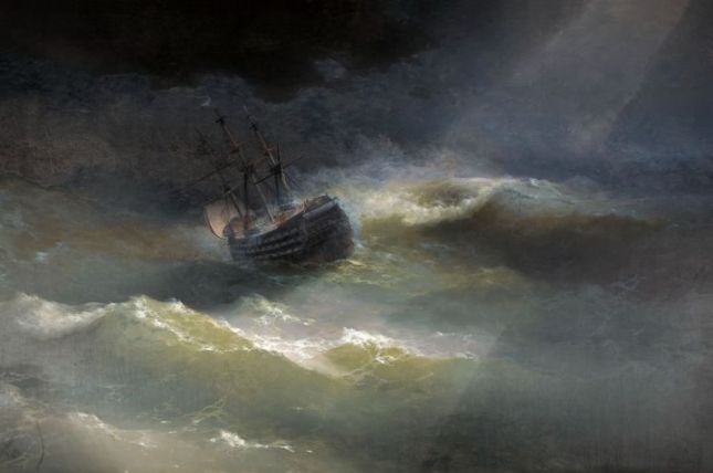 Iwan Konstantinowitsch Aiwasowski Das Schiff »Maria« im Sturm, 1892 Öl auf Leinwand, 224 x 354 cm Aiwasowski-Galerie, Feodossija © Aiwasowski Galerie, Feodossia Iwan Konstantinowitsch Aiwasowski Das Schiff »Maria« im Sturm, 1892 Öl auf Leinwand, 224 x 354 cm Aiwasowski-Galerie, Feodossija © Aiwasowski Galerie, Feodossia