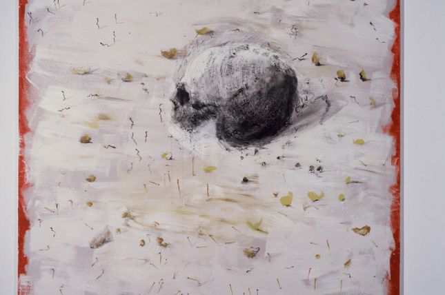 Miquel Barceló, Crâne aux Allumettes (Totenschädel auf Streichhölzern), 2006, Mischtechnik auf Leinwand, 200 x 200 cm, Privatbesitz © Courtesy Miquel Barceló