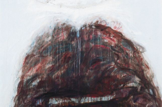 Adolf Frohner, Der große Berg, 1985, Öl, Tempera, Holz-Collage auf Leinen, 200 x 200 cm, Niederösterreichisches Landesmuseum © Courtesy the Artist