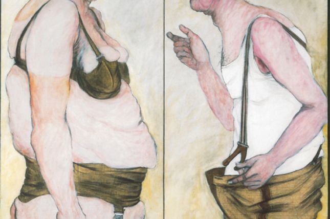 Adolf Frohner, Mann und Frau, 1972, Acryl, Graphit, Collage auf Leinen, 100 x 100 cm, H.I. Steineck © Courtesy the Artist